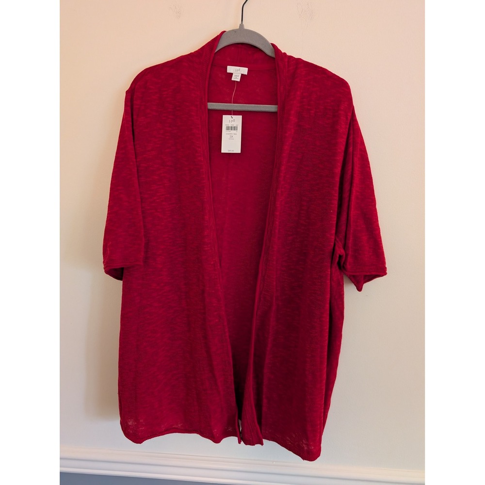 J. Jill Cherry Red Linen Cotton Open Front Short Sleeve Cardigan 3X NEW festive